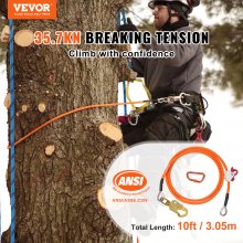 VEVOR 12.7mm Steel Core Flipline, 10ft(3m) Arborist Flipline for Tree Climbing with Alloy Steel Snap Hook & Aluminum Alloy Carabiner, 32KN Breaking Tension for Fall Protection, Tree Climber