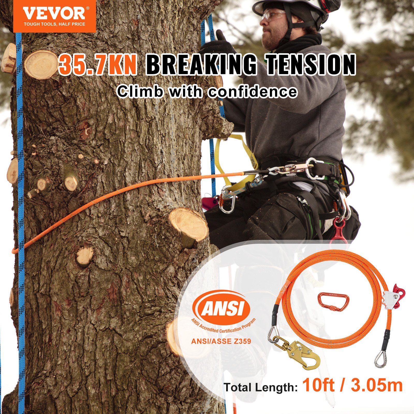 VEVOR 12.7mm Steel Core Flipline, 10ft(3m) Arborist Flipline, Flip Line for Tree Climbing with Alloy Steel Snap Hook & Aluminum Alloy Carabiner, 30KN Breaking Tension for Fall Protection, Tree Climber