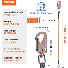 VEVOR Steel Core flipline, 1/2" x 12' Arborist Flipline, Flip Line para trepar árboles con gancho de acero de aleación, mosquetón de aleación de aluminio y cordón de herramientas adicional, para arborista, trepadores de árboles