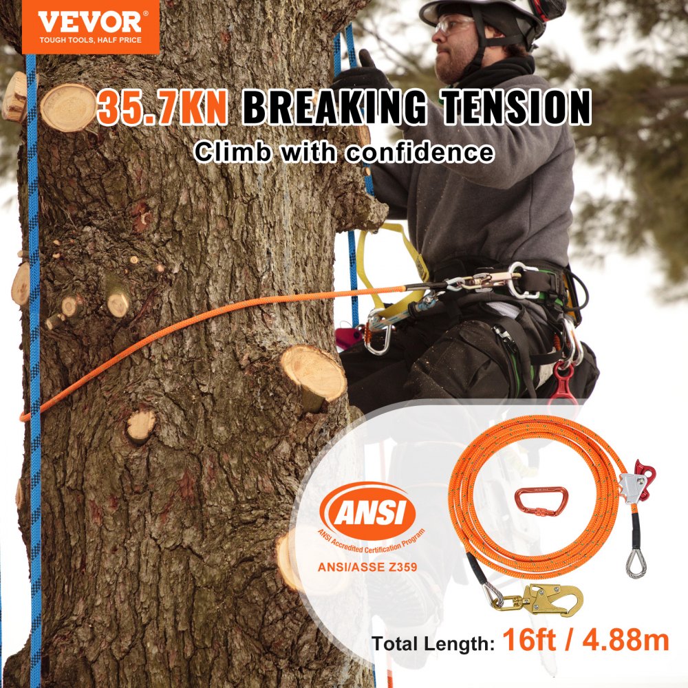 VEVOR 12.7mm Steel Core Flipline, 16ft(4.8m)Arborist Flipline for Tree Climbing with Alloy Steel Snap Hook & Aluminum Alloy Carabiner, 30KN Breaking Tension for Fall Protection, Tree Climber