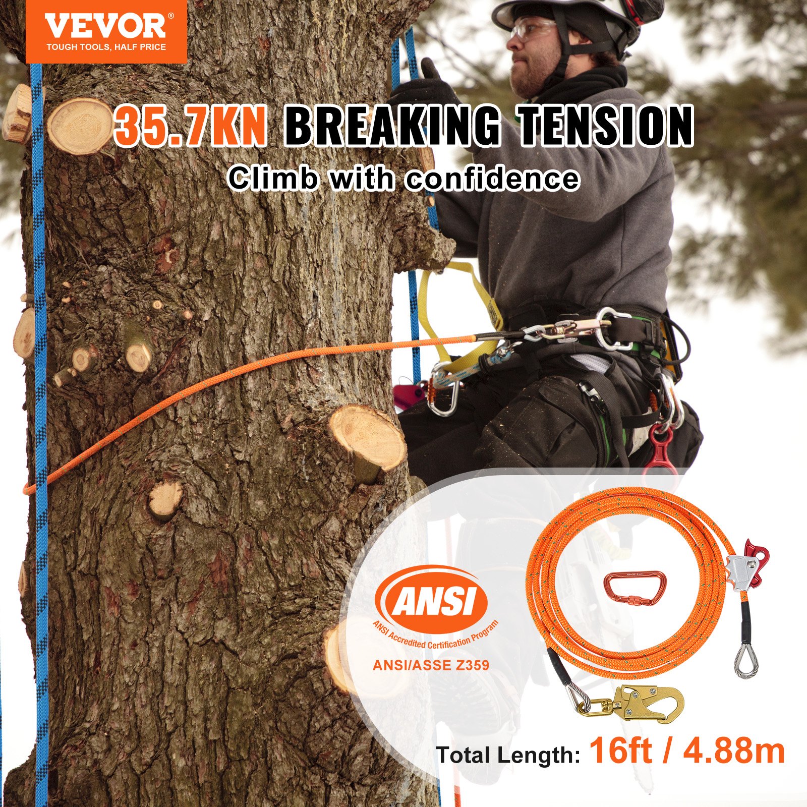 VEVOR 12.7mm Steel Core Flipline, 16ft(4.8m)Arborist Flipline for Tree Climbing with Alloy Steel Snap Hook & Aluminum Alloy Carabiner, 30KN Breaking Tension for Fall Protection, Tree Climber