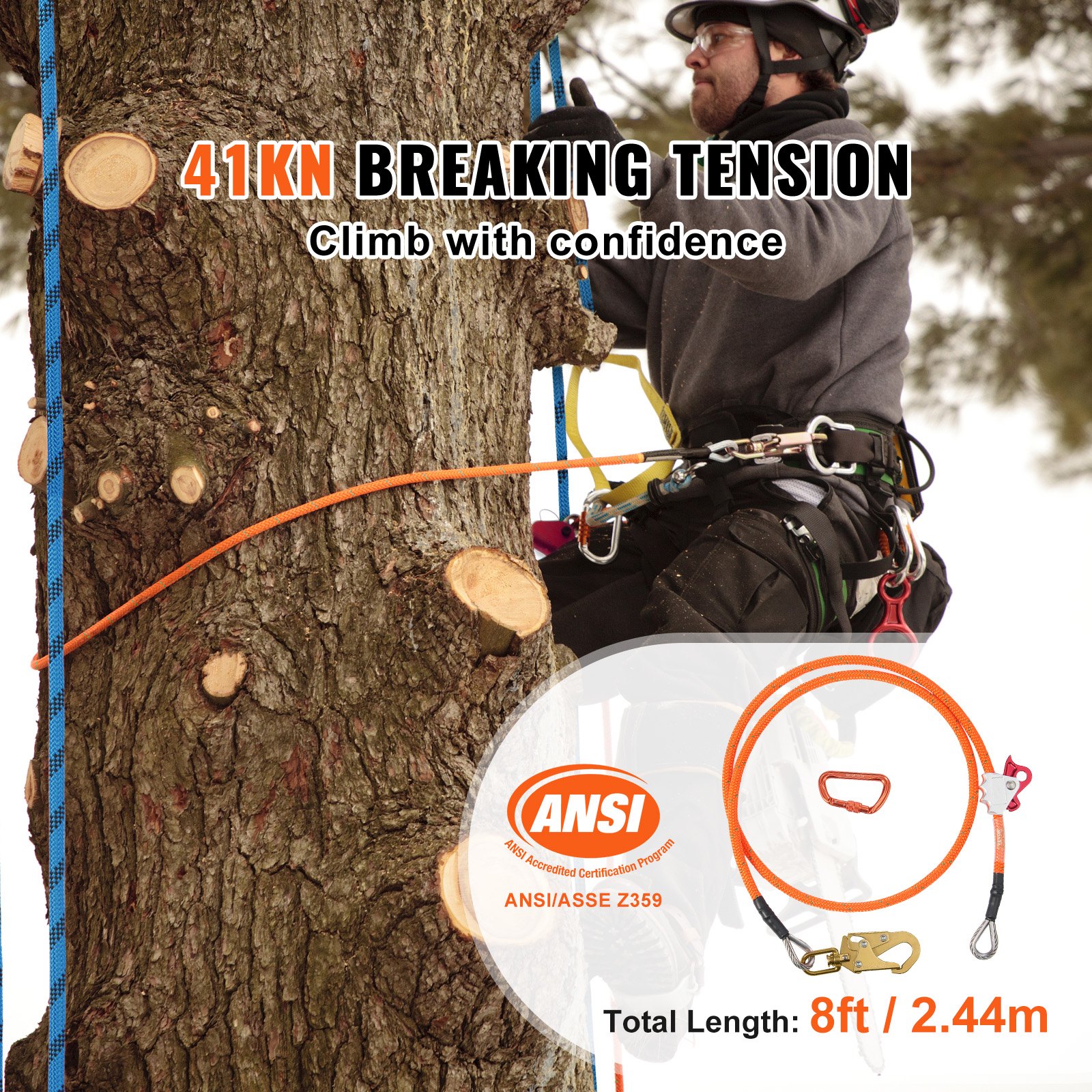 VEVOR 16mm Steel Core Flipline, 8ft(2.4m) Arborist Flipline, Flip Line for Tree Climbing with Alloy Steel Snap Hook & Aluminum Alloy Carabiner, 30KN Breaking Tension for Fall Protection, Tree Climber