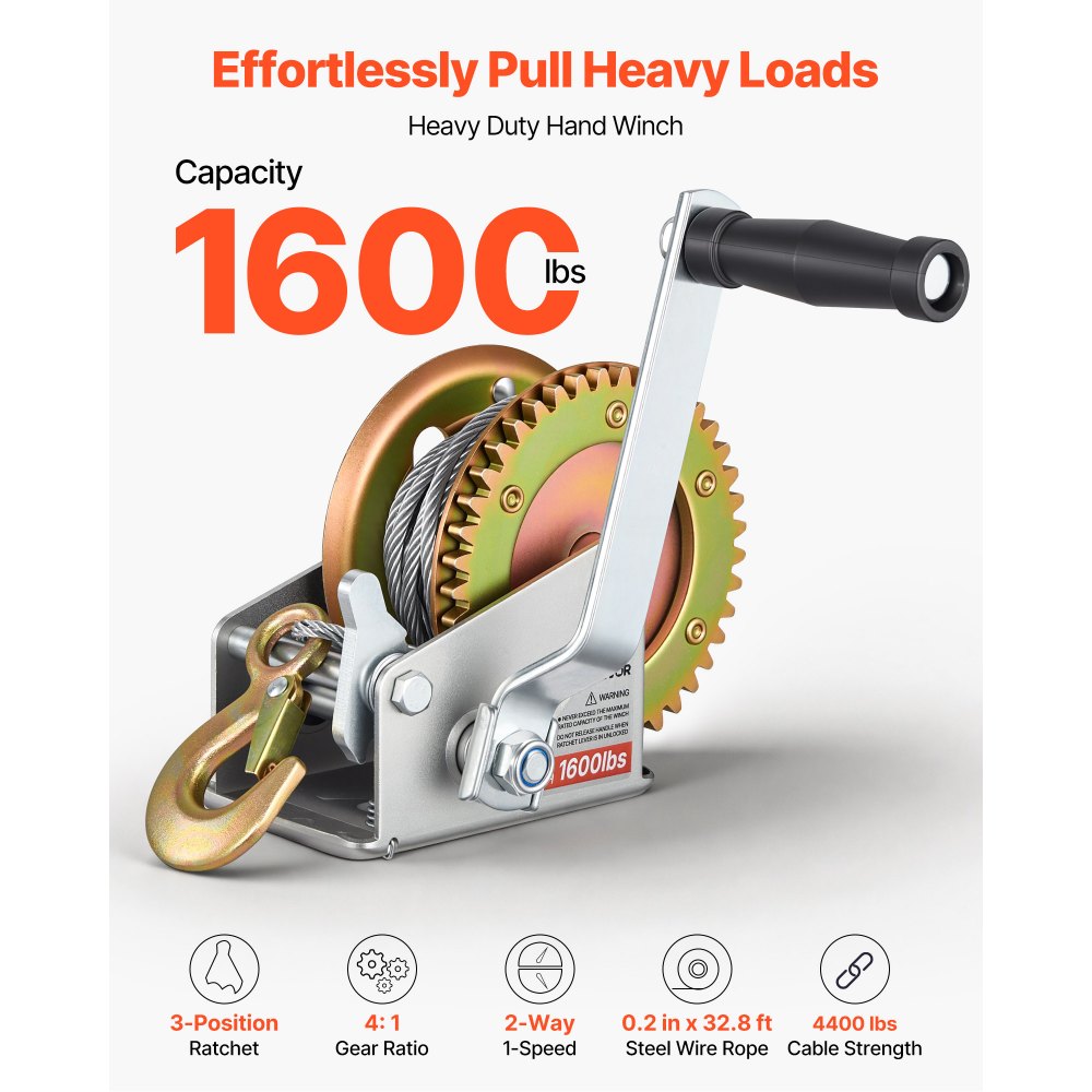 VEVOR Boat Winch, 726 kg Hand Winch, Heavy Duty Manual Rope Crank with 10m Steel Wire, Portable Two-Way Ratchet, Anti-Slip Handle, Easy Installation Gear for Boat Trailer ATV Towing