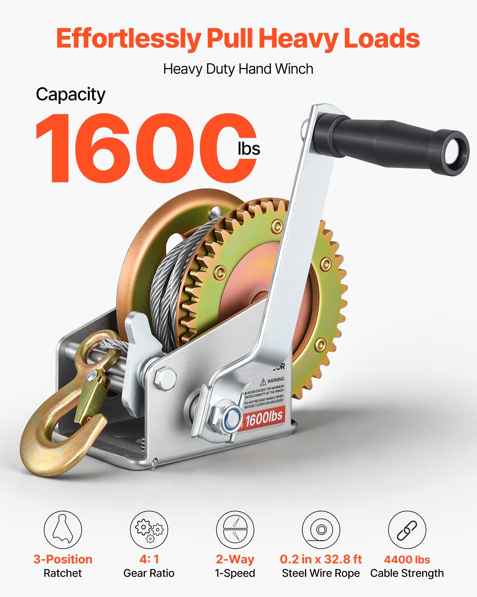 VEVOR Boat Winch, 726 kg Hand Winch, Heavy Duty Manual Rope Crank with 10m Steel Wire, Portable Two-Way Ratchet, Anti-Slip Handle, Easy Installation Gear for Boat Trailer ATV Towing