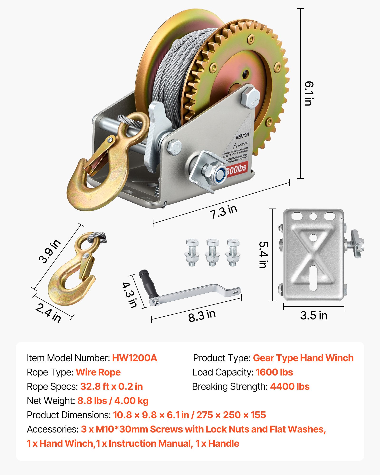 VEVOR Boat Winch, 726 kg Hand Winch, Heavy Duty Manual Rope Crank with 10m Steel Wire, Portable Two-Way Ratchet, Anti-Slip Handle, Easy Installation Gear for Boat Trailer ATV Towing