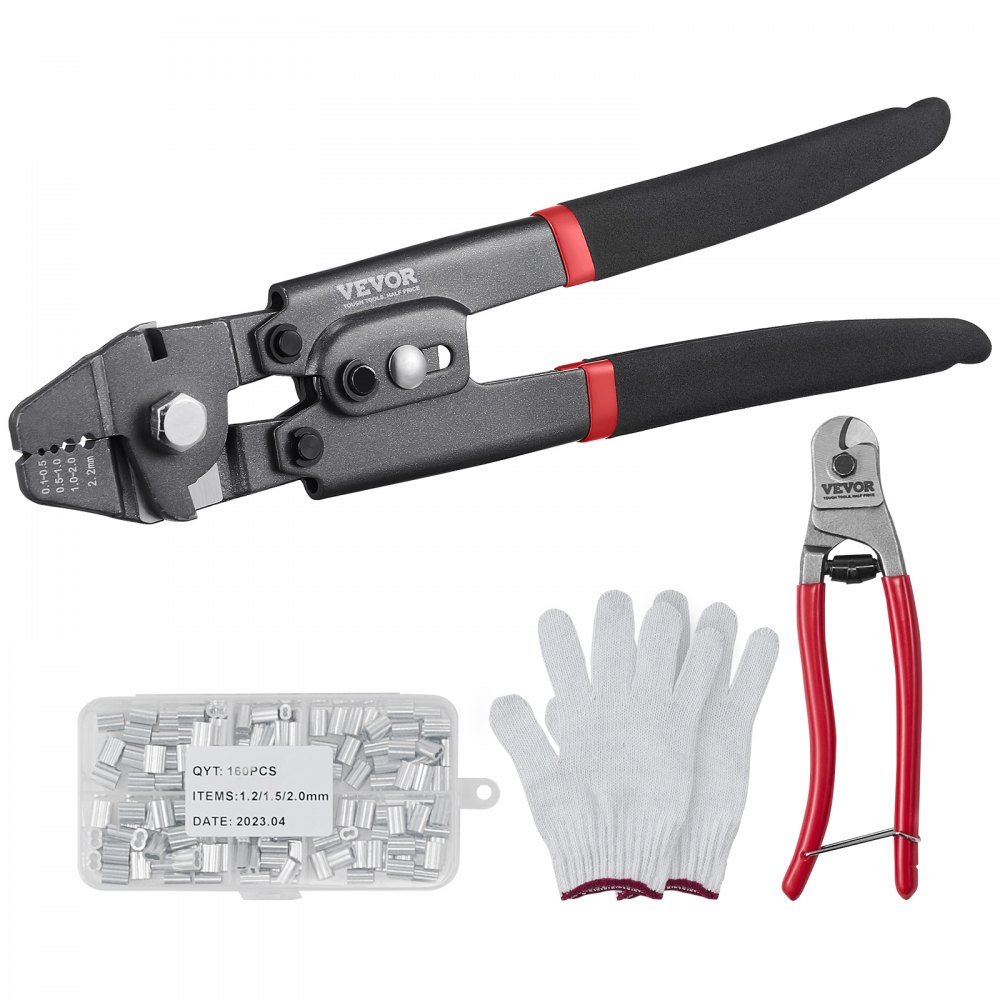 VEVOR Wire Rope Crimping Tool and Cutter Up To 2.2mm Wire Cable Crimps,  1/64 - 3/32 Crimping Loop Sleeve Kit and 160pcs Aluminum Buckles, Fishing