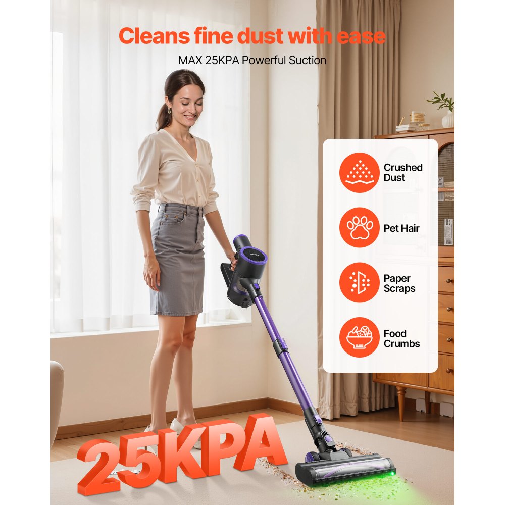 VEVOR Cordless Vacuum Cleaner, 25KPA Max Powerful Suction, Rechargeable Anti-Tangle Stick Vacuum with Dust Cup, Lightweight Handheld Vac with 35mins Runtime for Home, Carpet, Pet Hair, Hard Floor