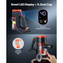 VEVOR Cordless Vacuum Cleaner, 40KPA Max Suction, Rechargeable Anti-Tangle Stick Vacuum with LED Display Screen, Lightweight Handheld Vac with 47mins Runtime for Home, Carpet, Pet Hair, Hard Floor