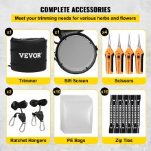 VEVOR Dry Trimming Kit, 3.2 lbs Lightweight Bud Trimmer, Bundle with 1 Trim Bag, 4 Scissors, 1 Pair of Ratchet Hangers, 10 Pack of Turkey Bags and 10 Zip Ties, for Leaves, Buds, and Flowers, Black