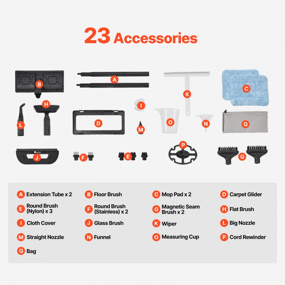 Limpiador a vapor VEVOR, potente vaporizador multiusos con 23 accesorios, cable de alimentación extralargo, tanque de 225 ml y mango portátil, para lechada, azulejos, pisos, electrodomésticos, hogar y automóvil.
