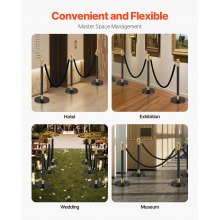 VEVOR 6 Pcs Stanchion Post with 4 Black Velvet Ropes Sand Injection Hollow Base