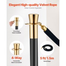 VEVOR 6 Pcs Stanchion Post with 4 Black Velvet Ropes Sand Injection Hollow Base