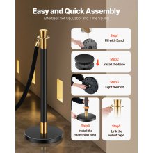 VEVOR 6 Pcs Stanchion Post with 4 Black Velvet Ropes Sand Injection Hollow Base