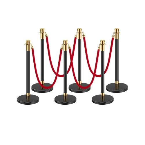 VEVOR Stanchion Post, 6 Pcs Crowd Control Barrier with 4 Red Velvet Ropes, 5 ft Stainless Steel Black Stanchion Post Queue with Sand Injection Hollow Base for Theater, Party, Wedding, Exhibition