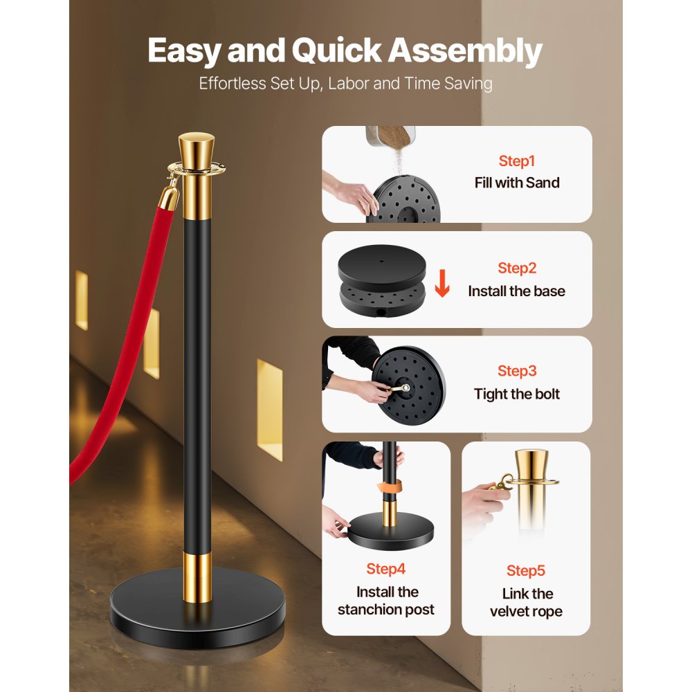 VEVOR Stanchion Post, 6 Pcs Crowd Control Barrier with 4 Red Velvet Ropes, 5 ft Stainless Steel Black Stanchion Post Queue with Sand Injection Hollow Base for Theater, Party, Wedding, Exhibition