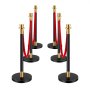 VEVOR Stanchion Post, 6 Pcs Crowd Control Barrier with 4 Red Velvet Ropes, 5 ft Stainless Steel Black Stanchion Post Queue with Sand Injection Hollow Base for Theater, Party, Wedding, Exhibition