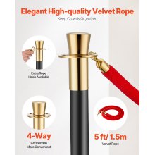 VEVOR Stanchions and Velvet Ropes, 6 Pcs Crowd Control Barriers with 4 Red Velvet Ropes, Stainless Steel Stanchion Post Queue with Sand Injection Hollow Base for Theater, Wedding, Party Supplies