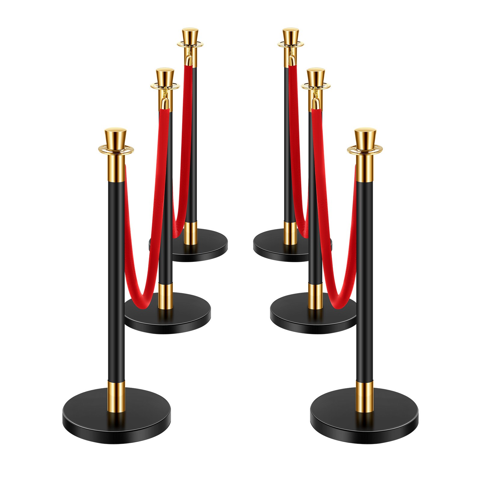 VEVOR Stanchion Post, 6 Pcs Crowd Control Barrier with 4 Red Velvet Ropes, 5 ft Stainless Steel Black Stanchion Post Queue with Sand Injection Hollow Base for Theater, Party, Wedding, Exhibition
