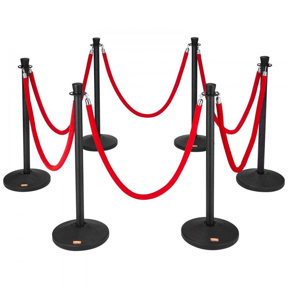 black VEVOR stanchion posts with red ropes arranged in a zigzag pattern.