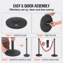 easy assembly steps for VEVOR stanchion posts: install base, tighten bolt, attach post, link velvet rope.