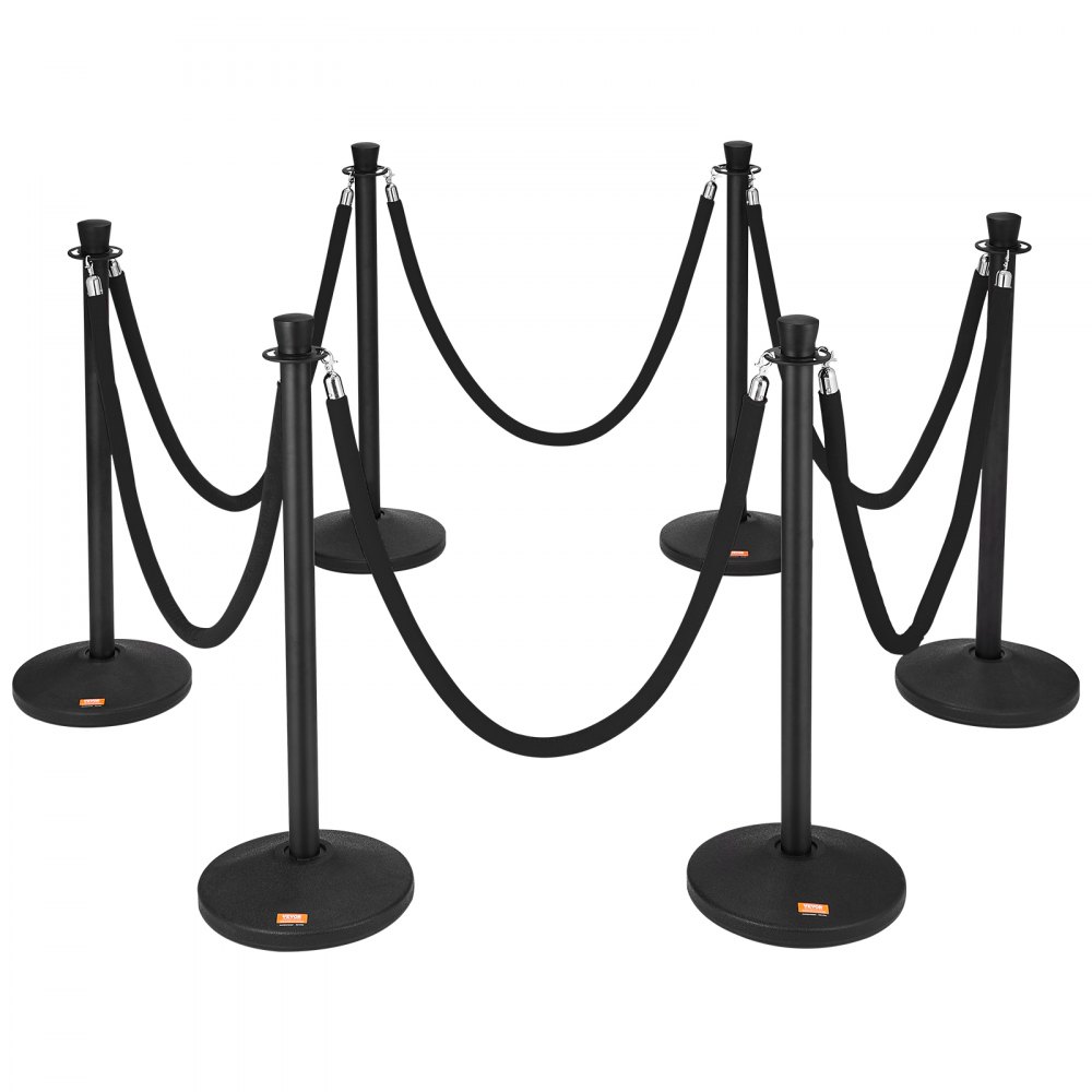 VEVOR crowd control stanchion with black ropes and sturdy bases arranged in a zigzag formation.