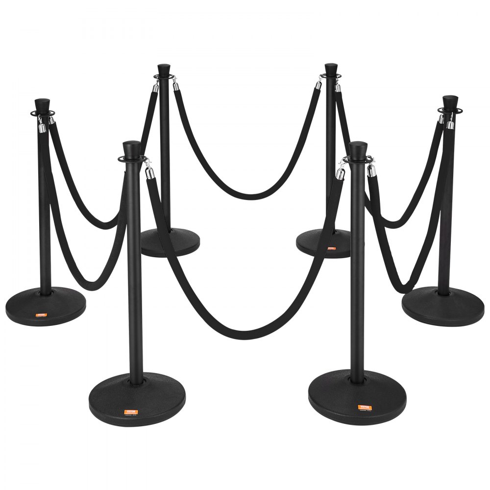 VEVOR Stanchion Post with Velvet Rope, 6-Pack Crowd Control Stanchion with 6PCS 5FT Black Velvet Ropes, Carbon Steel Baking Painted Queue Barrier Line Divider & Fillable Plastic Base for Wedding Party