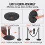 easy and quick assembly guide for VEVOR crowd control stanchion with steps to install the base and attach the rope.