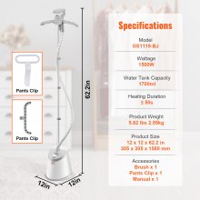 VEVOR Standing Steamer with Foldable Garment Hanger, 0.5Gallon Water Tank for 90 Minutes Continuous Steaming, Heats in 45 Seconds & Auto-Stop with Fabric Brush Aluminum Rod and Easy-roll Wheels
