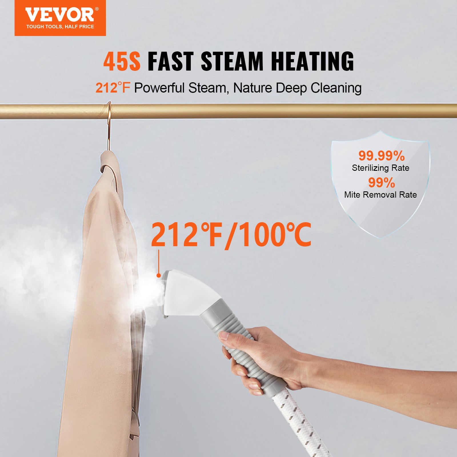 VEVOR Standing Steamer with Foldable Garment Hanger, 0.5Gallon Water Tank for 90 Minutes Continuous Steaming, Heats in 45 Seconds & Auto-Stop with Fabric Brush Aluminum Rod and Easy-roll Wheels