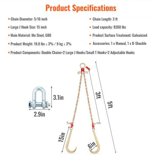 YLT Auto 5/16" X 3' G80 Transport Chain With V-Type J Hooks – 9,260 Lb Capacity, Heavy-Duty Tow Chain, Rust-Resistant