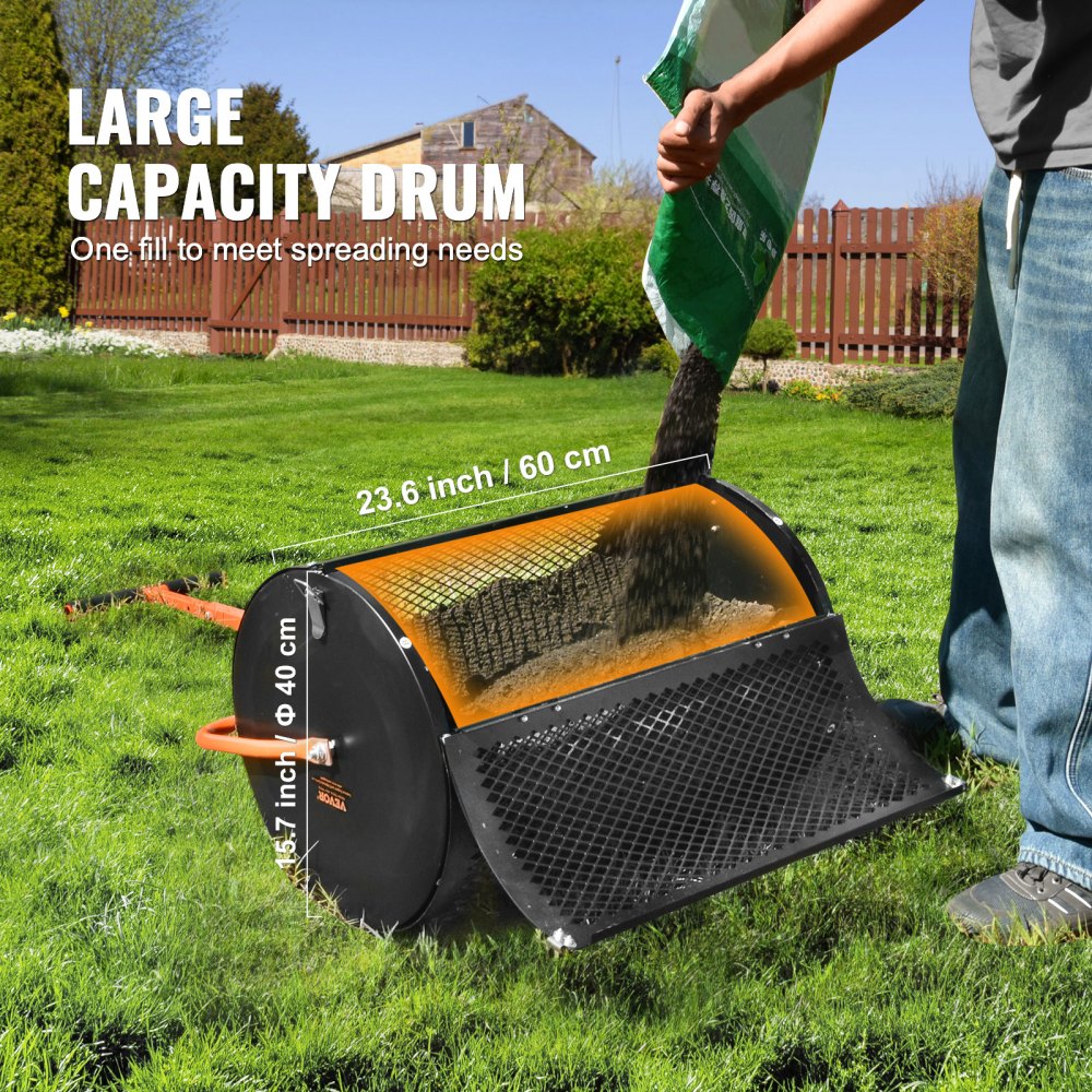 24" Compost Spreader Peat Moss Spreader Roller Lawn Spreader Black