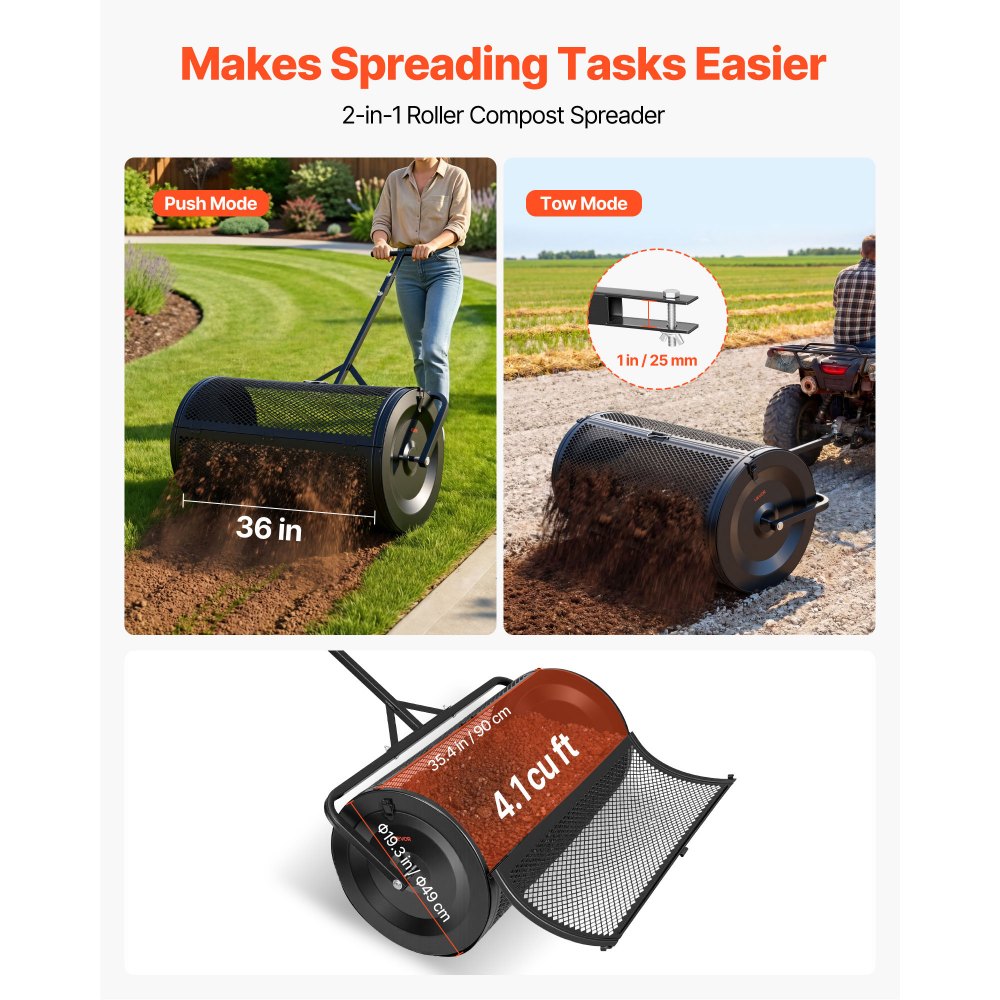 VEVOR Compost Spreader, 91 cm Wide Peat Moss Spreader with Push/Tow Handle, 4 Heights Adjustable, Powder-Coated Steel Garden Peat Moss Roller, Heavy Duty Grass Seed Roller for Planting Seeding, Black