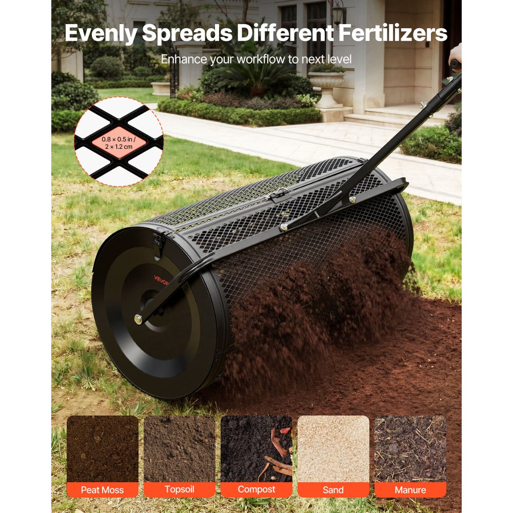 VEVOR Compost Spreader, 91 cm Wide Peat Moss Spreader with Push/Tow Handle, 4 Heights Adjustable, Powder-Coated Steel Garden Peat Moss Roller, Heavy Duty Grass Seed Roller for Planting Seeding, Black