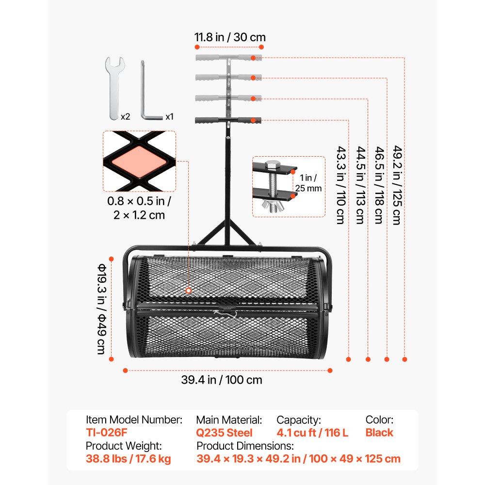 VEVOR Compost Spreader, 91 cm Wide Peat Moss Spreader with Push/Tow Handle, 4 Heights Adjustable, Powder-Coated Steel Garden Peat Moss Roller, Heavy Duty Grass Seed Roller for Planting Seeding, Black