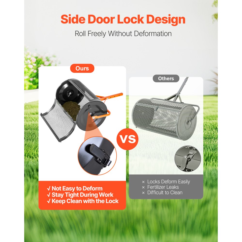 VEVOR Compost Spreader, 24 in Wide Peat Moss Spreader with T Shaped Handle, 3 Heights Adjustable, Powder-Coated Steel Garden Peat Moss Roller, Heavy Duty Grass Seed Spreaders for Planting Seeding