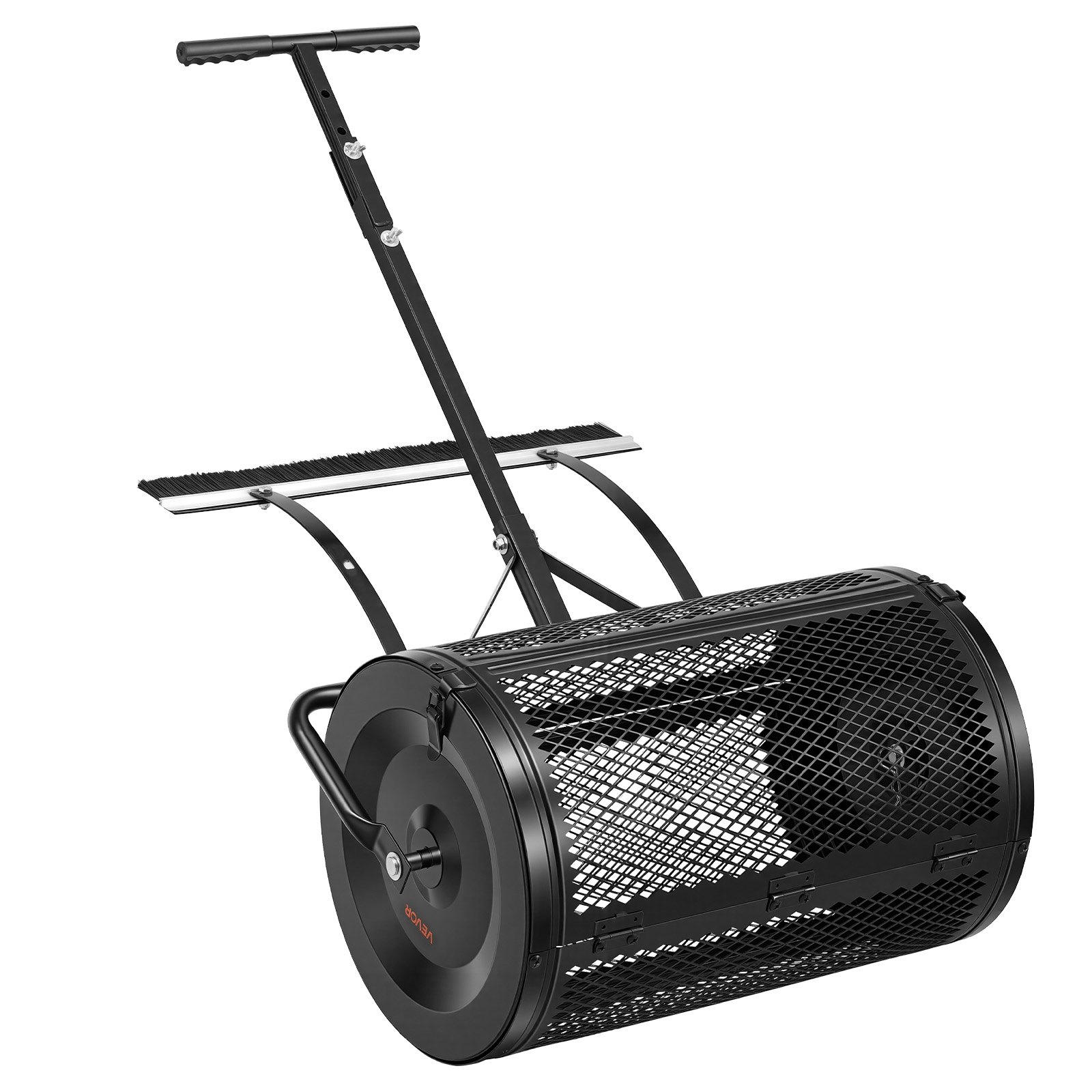 VEVOR Compost Spreader, 24" Wide Peat Moss Spreader with Push/Tow Handle & Brush, 4 Heights Adjustable, Powder-Coated Steel Garden Peat Moss Roller, Heavy Duty Grass Seed Roller for Planting Seeding
