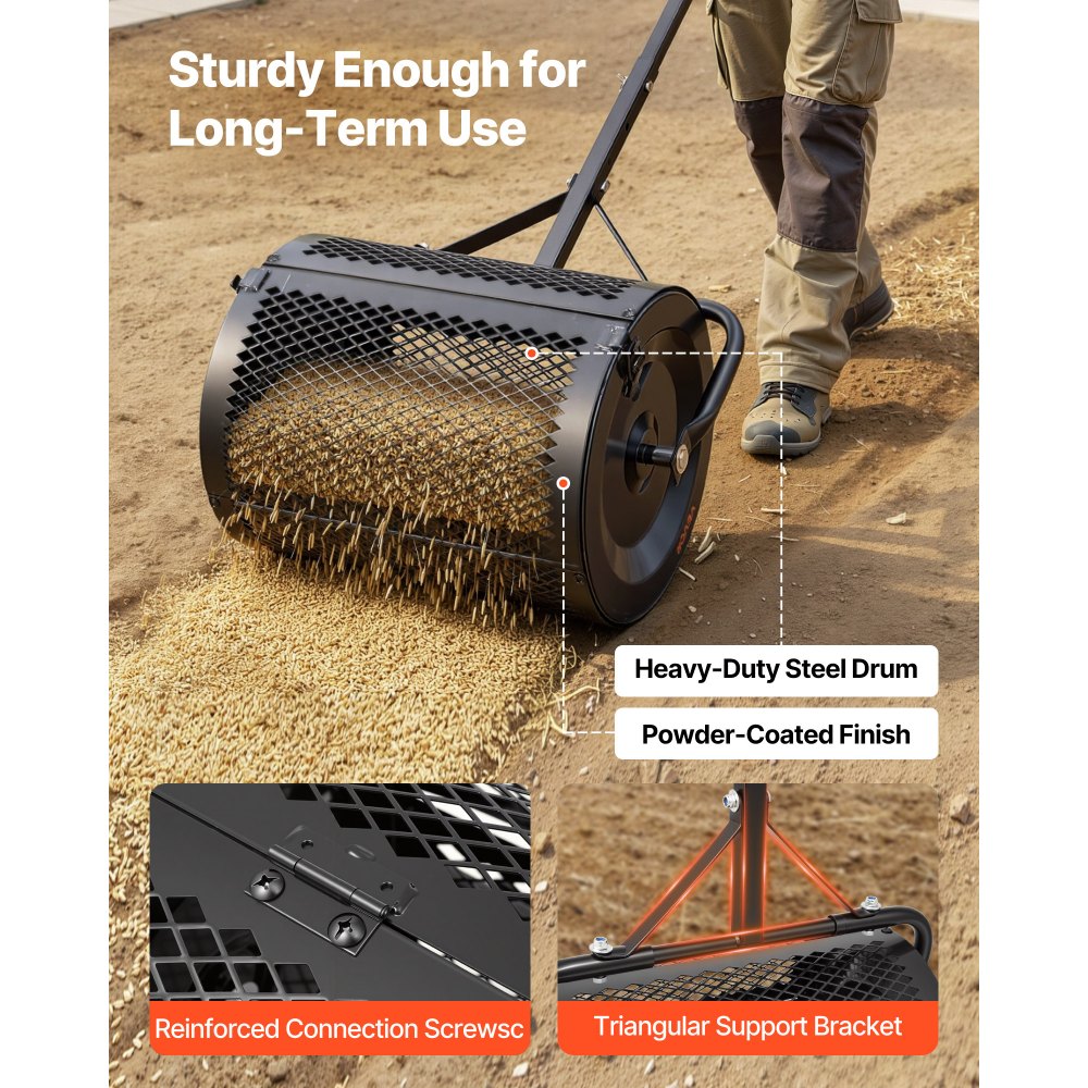 VEVOR Compost Spreader, 42 cm Wide Peat Moss Spreader with T Shaped Handle, 3 Heights Adjustable, Powder-Coated Steel Garden Peat Moss Roller, Heavy Duty Grass Seed Roller for Planting Seeding, Black