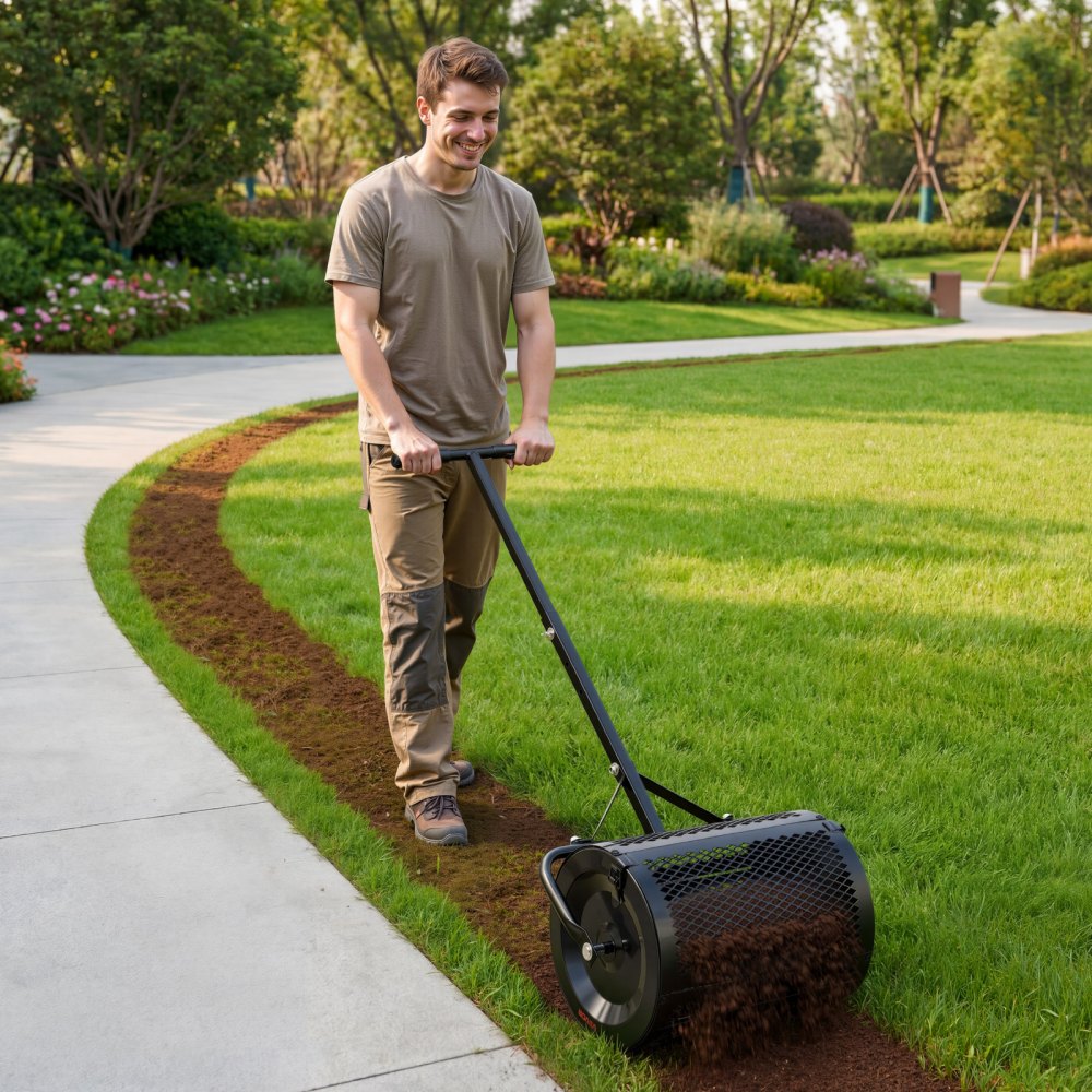 VEVOR Compost Spreader, 42 cm Wide Peat Moss Spreader with T Shaped Handle, 3 Heights Adjustable, Powder-Coated Steel Garden Peat Moss Roller, Heavy Duty Grass Seed Roller for Planting Seeding, Black