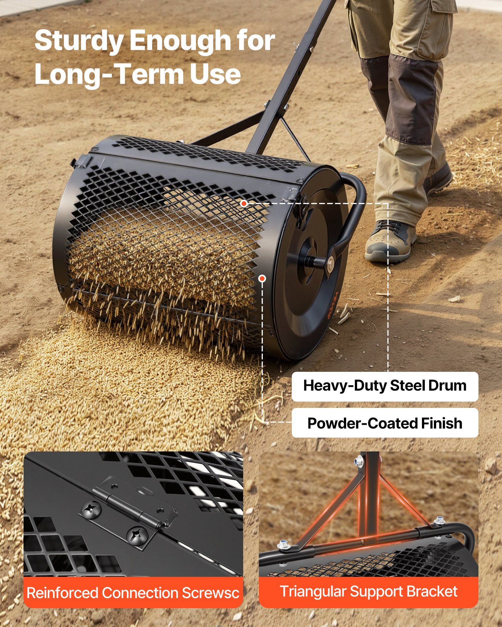 VEVOR Compost Spreader, 42 cm Wide Peat Moss Spreader with T Shaped Handle, 3 Heights Adjustable, Powder-Coated Steel Garden Peat Moss Roller, Heavy Duty Grass Seed Roller for Planting Seeding, Black