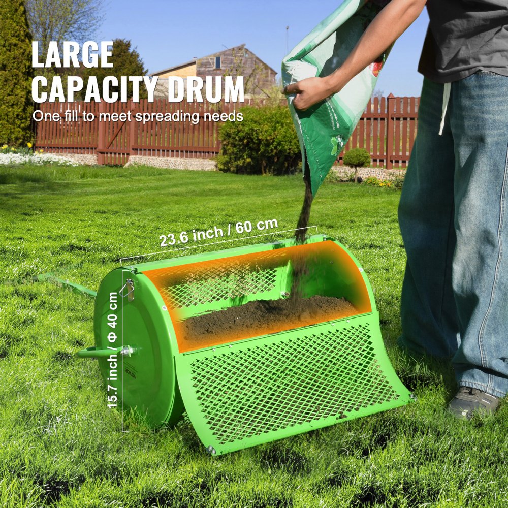 24" Compost Spreader Peat Moss Spreader Push/Tow-Behind Lawn Roller Green 24" Compost Spreader Peat Moss Spreader Push/Tow-Behind Lawn Roller Green