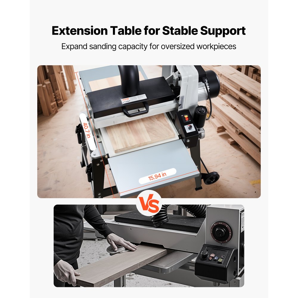 VEVOR 16" Drum Sander with Stand & Extension Tables, 1.5HP 1720RPM Dual Motor Drum Sander for Woodworking - Variable Speed Conveyor Belt, 4" Dust Collection Port for Cabinet & Furniture Finishing