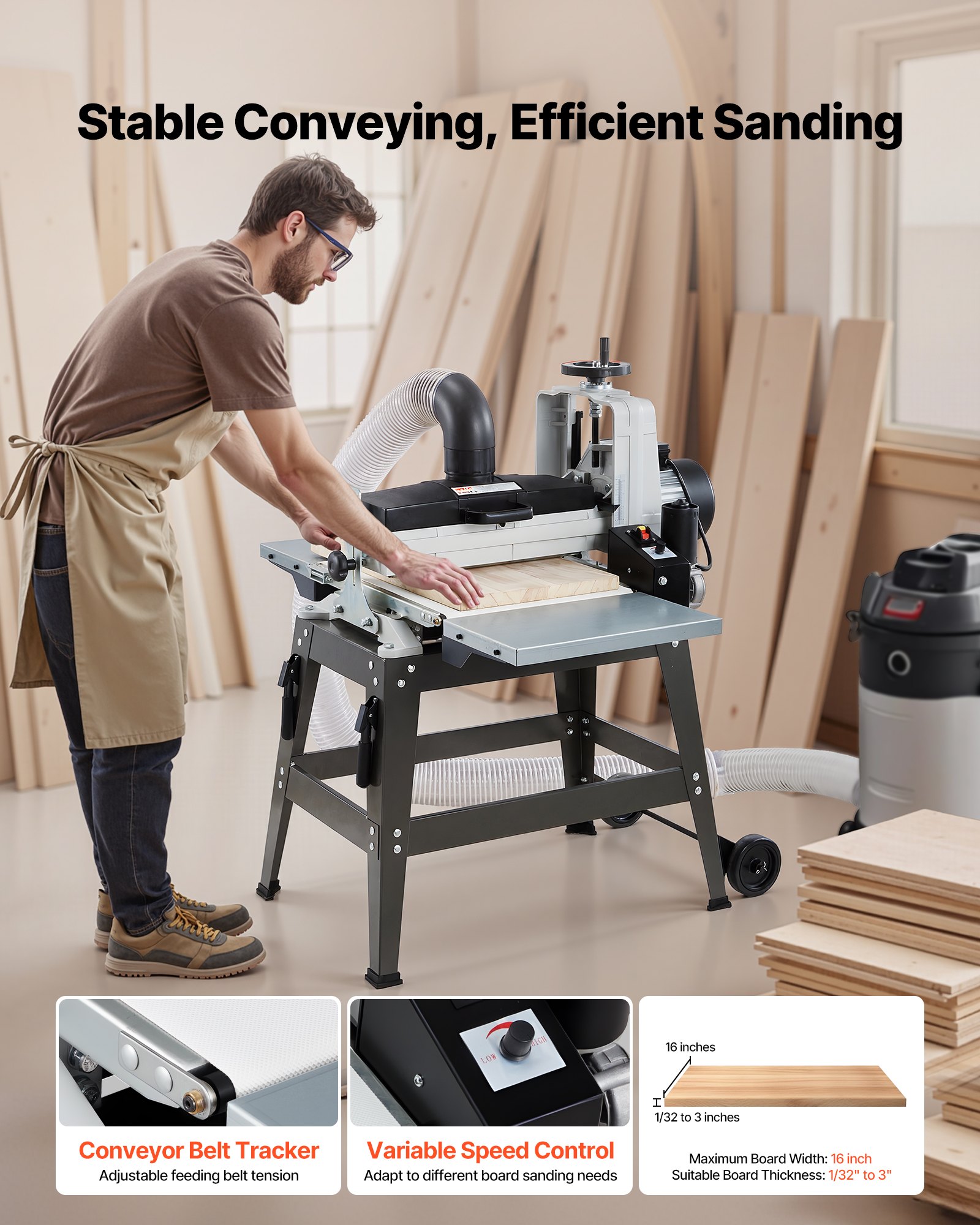 VEVOR 16" Drum Sander with Stand & Extension Tables, 1.5HP 1720RPM Dual Motor Drum Sander for Woodworking - Variable Speed Conveyor Belt, 4" Dust Collection Port for Cabinet & Furniture Finishing