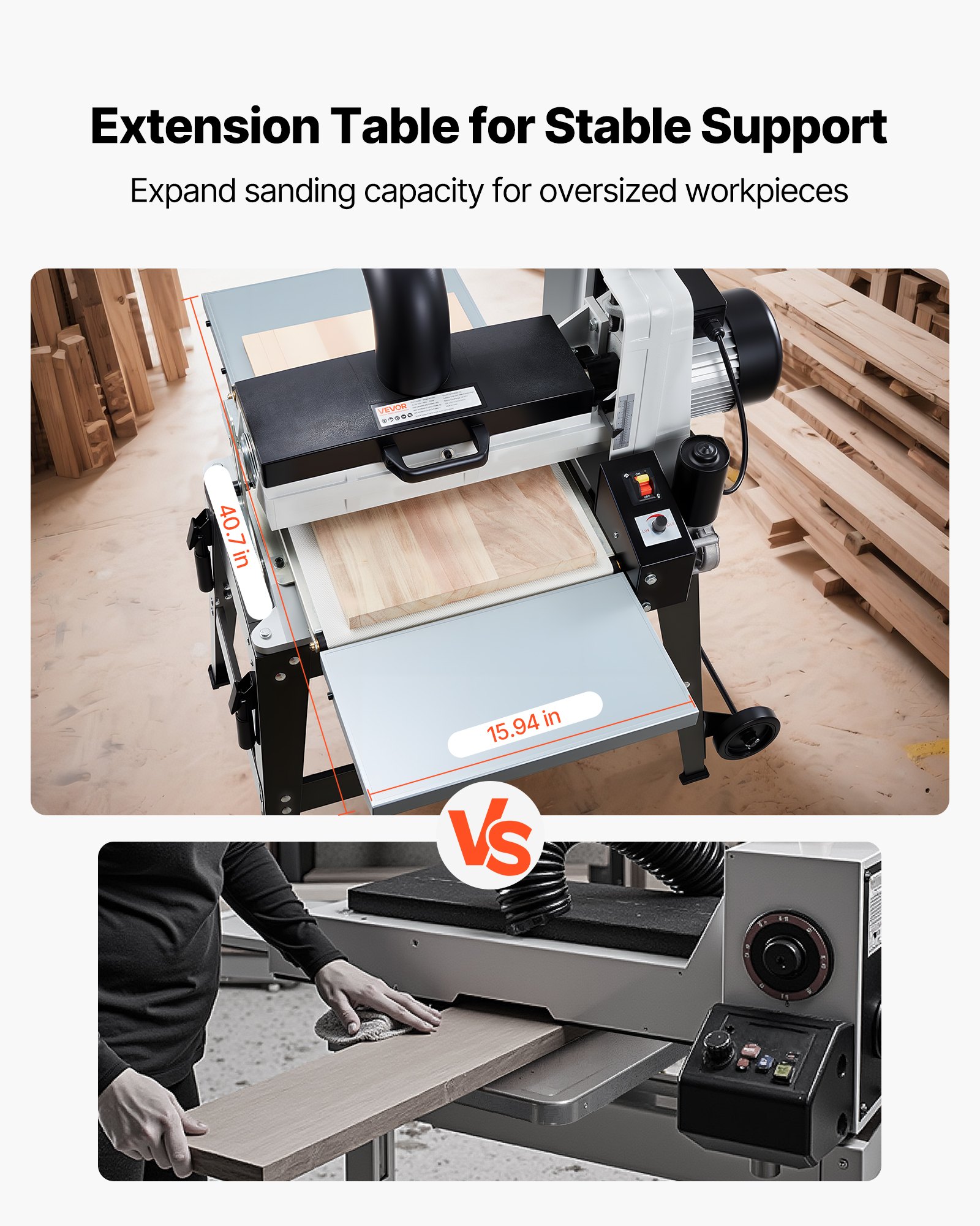 VEVOR 16" Drum Sander with Stand & Extension Tables, 1.5HP 1720RPM Dual Motor Drum Sander for Woodworking - Variable Speed Conveyor Belt, 4" Dust Collection Port for Cabinet & Furniture Finishing