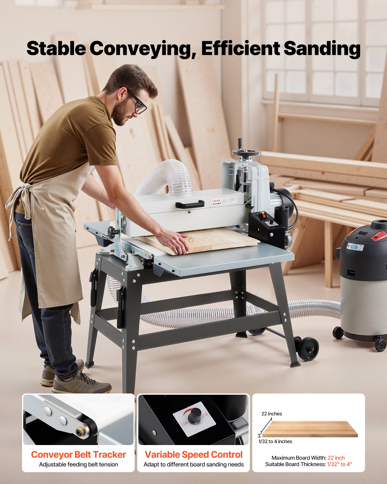 VEVOR 22" Drum Sander with Stand & Extension Tables, 1.75HP 1440RPM Dual Motor Drum Sander for Woodworking - Variable Speed Conveyor Belt, 4" Dust Collection Port for Cabinet & Furniture Finishing