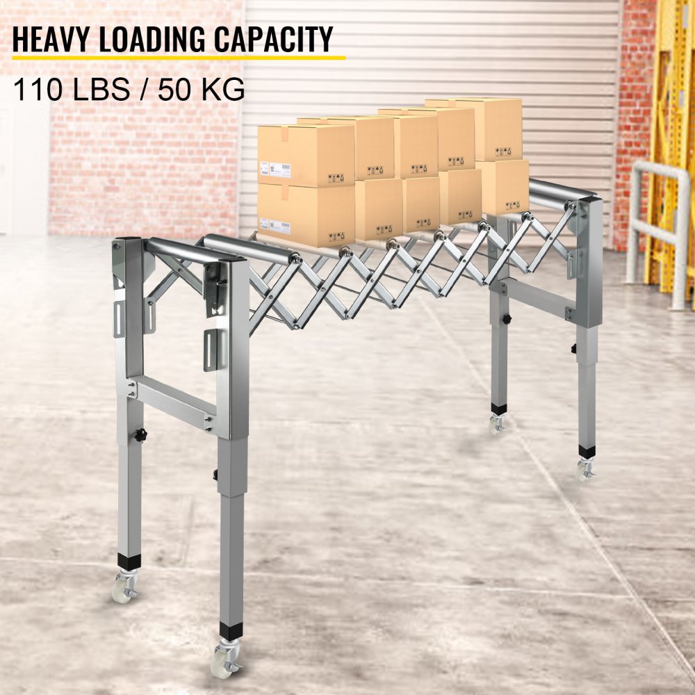 VEVOR Adjustable Gravity Conveyor Roller 21-50" Length 22-35" Height Roller Conveyor 110 lbs Load Capacity Gravity Conveyor with 1.5'' Galvanized Steel Rollers for Warehouses Assembly Areas Factories
