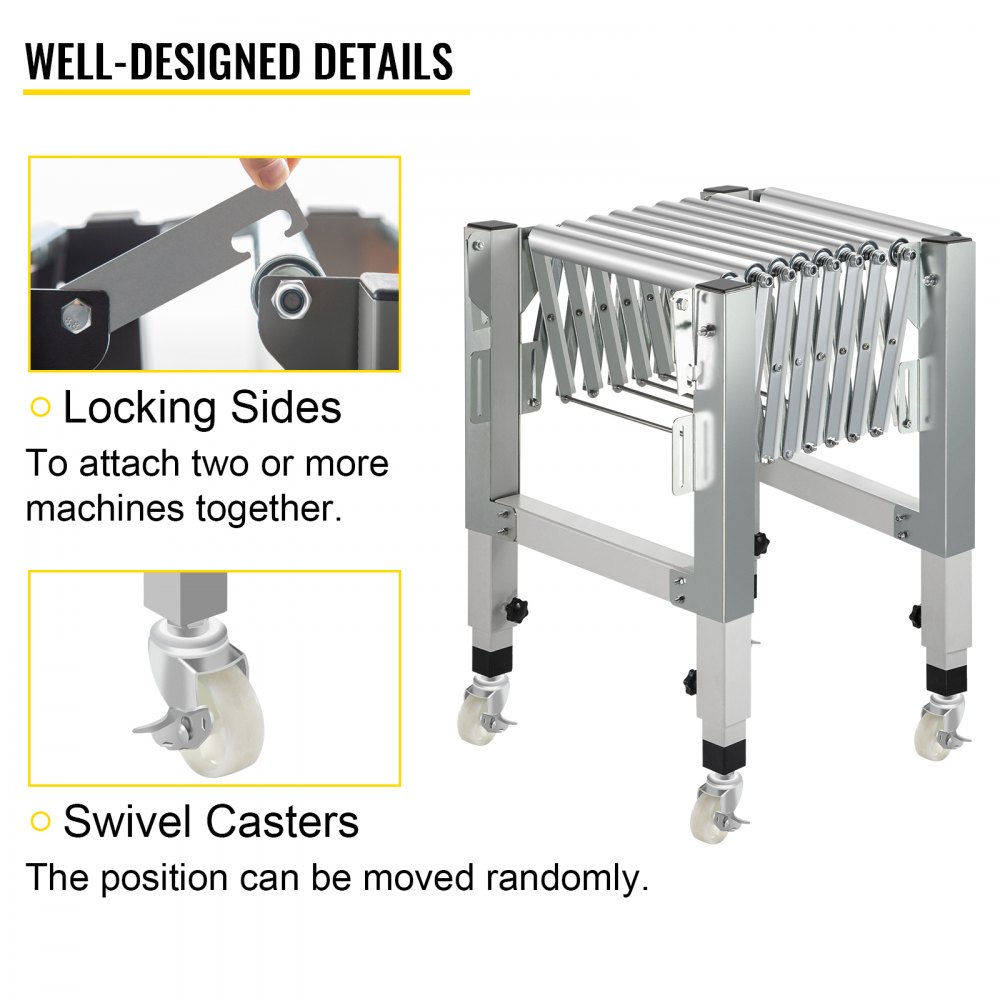 VEVOR Adjustable Gravity Conveyor Roller 21-50" Length 22-35" Height Roller Conveyor 110 lbs Load Capacity Gravity Conveyor with 1.5'' Galvanized Steel Rollers for Warehouses Assembly Areas Factories