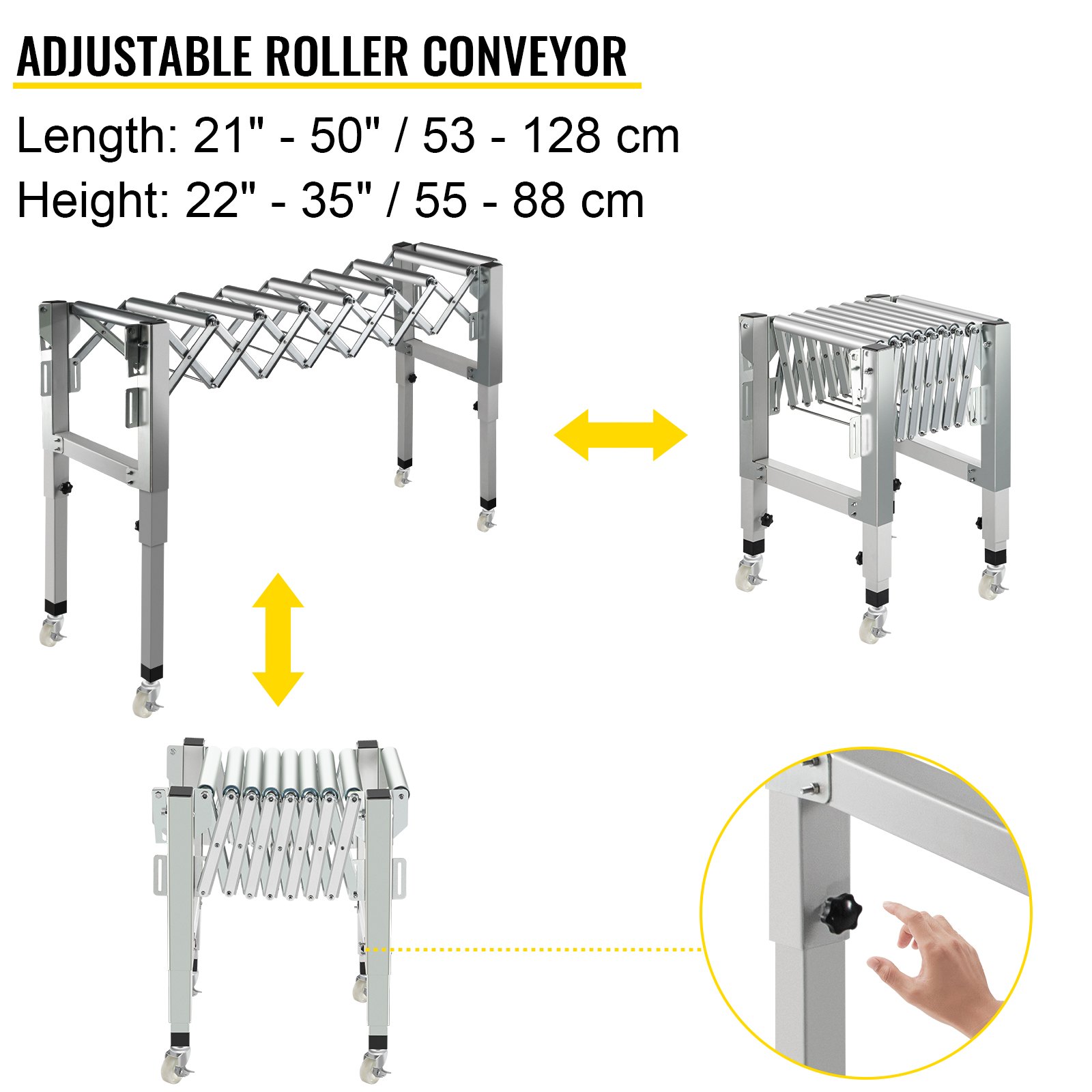 VEVOR Adjustable Gravity Conveyor Roller 21-50" Length 22-35" Height Roller Conveyor 110 lbs Load Capacity Gravity Conveyor with 1.5'' Galvanized Steel Rollers for Warehouses Assembly Areas Factories