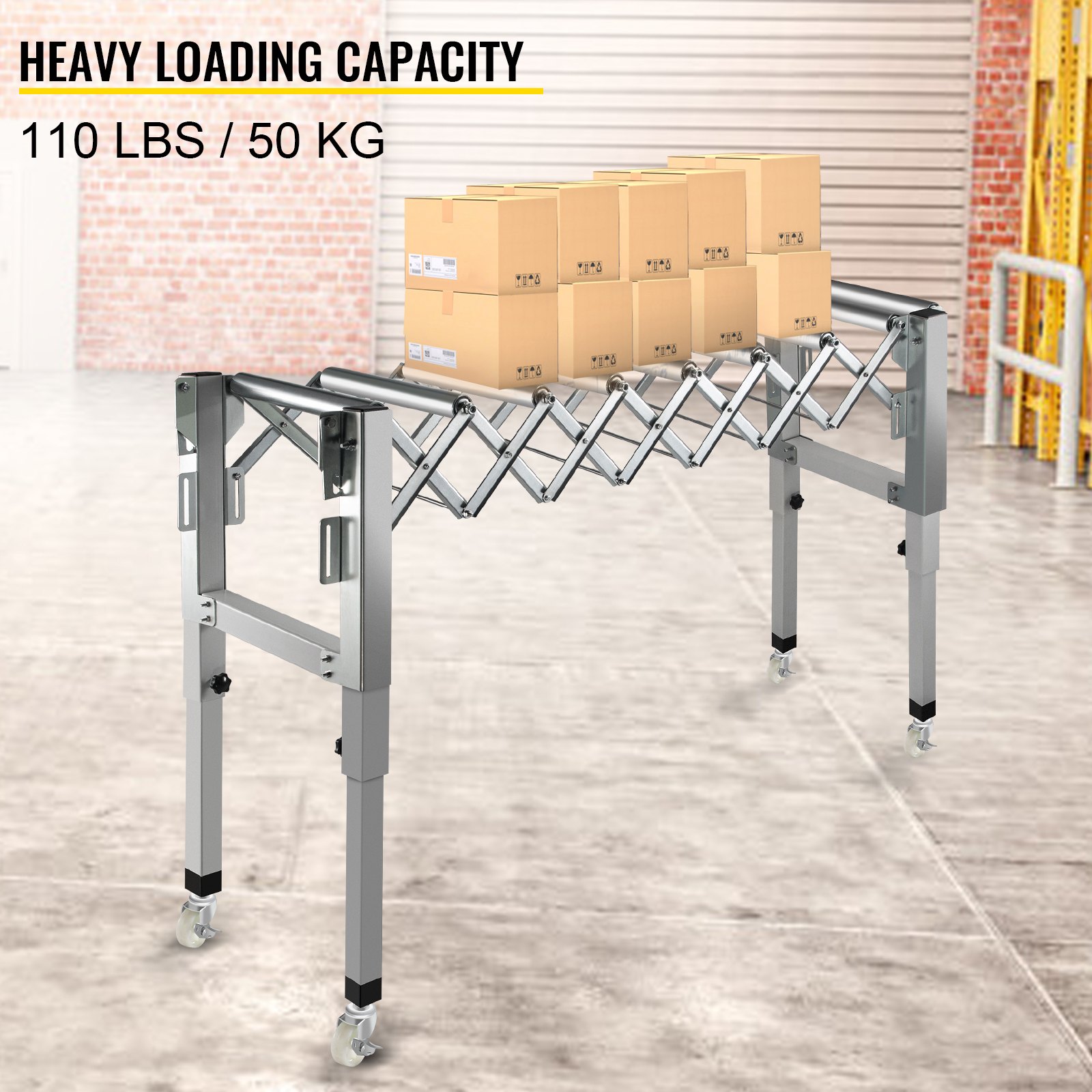 VEVOR Adjustable Gravity Conveyor Roller 21-50" Length 22-35" Height Roller Conveyor 110 lbs Load Capacity Gravity Conveyor with 1.5'' Galvanized Steel Rollers for Warehouses Assembly Areas Factories