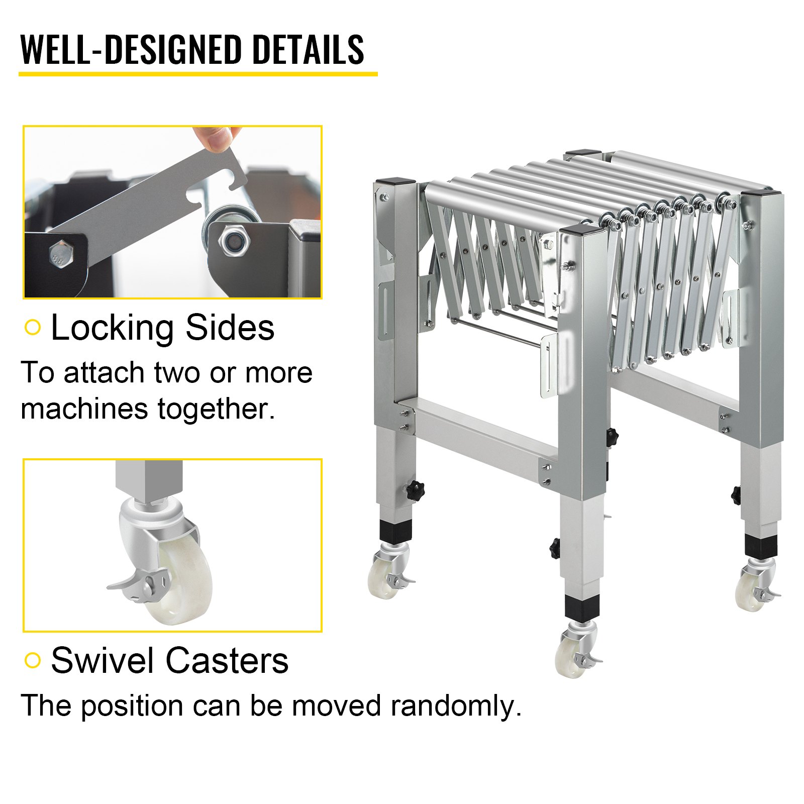 VEVOR Adjustable Gravity Conveyor Roller 21-50" Length 22-35" Height Roller Conveyor 110 lbs Load Capacity Gravity Conveyor with 1.5'' Galvanized Steel Rollers for Warehouses Assembly Areas Factories