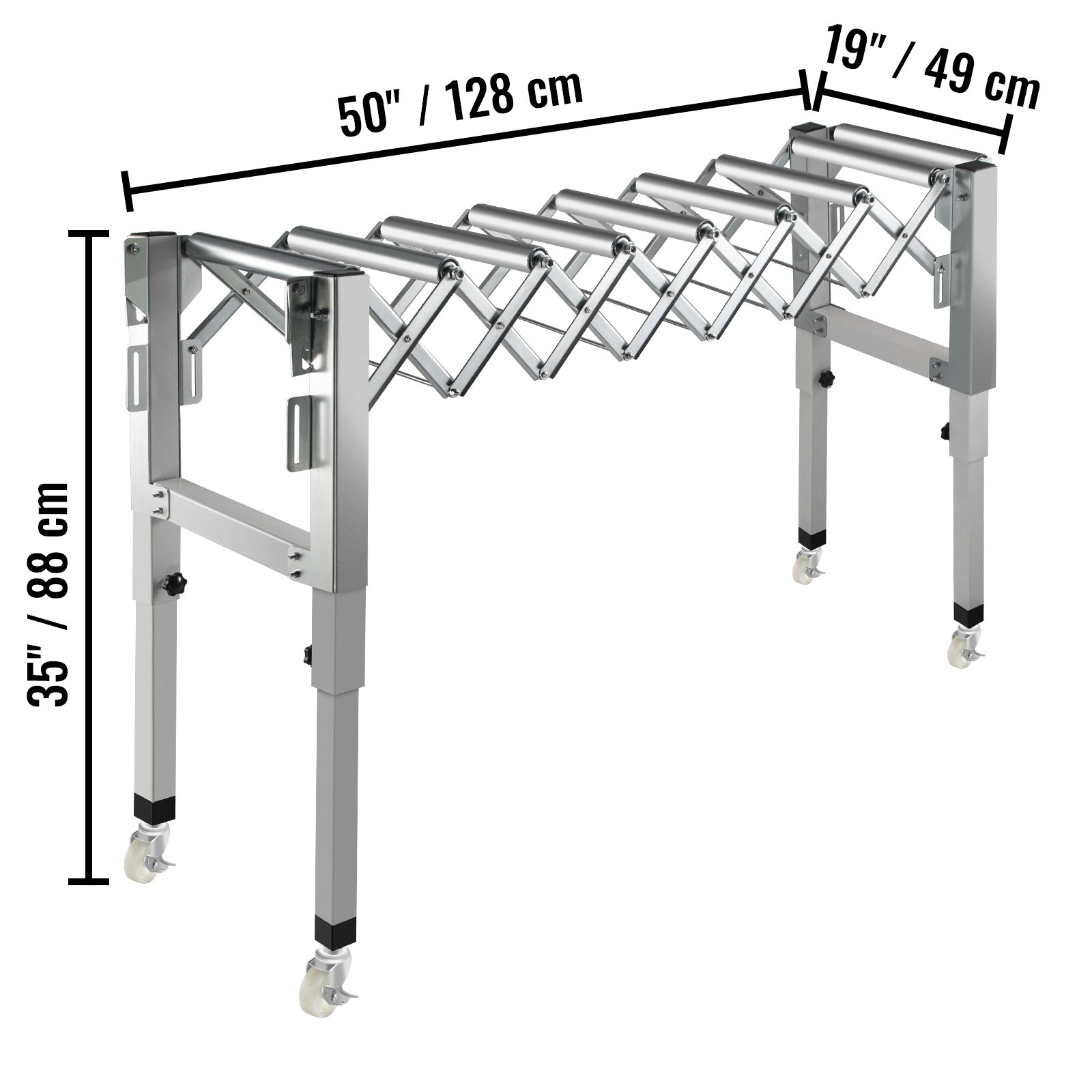 VEVOR Adjustable Gravity Conveyor Roller 21-50" Length 22-35" Height Roller Conveyor 110 lbs Load Capacity Gravity Conveyor with 1.5'' Galvanized Steel Rollers for Warehouses Assembly Areas Factories